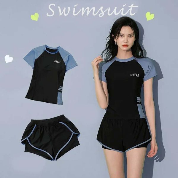 Damski Kostium KąPielowy Damski Patchwork KróTki RęKaw Kostium KąPielowy Sportowy Basen PlażOwy DwuczęśCiowy Kostium KąPielowy Ze Spodenkami Xl Czarny-image