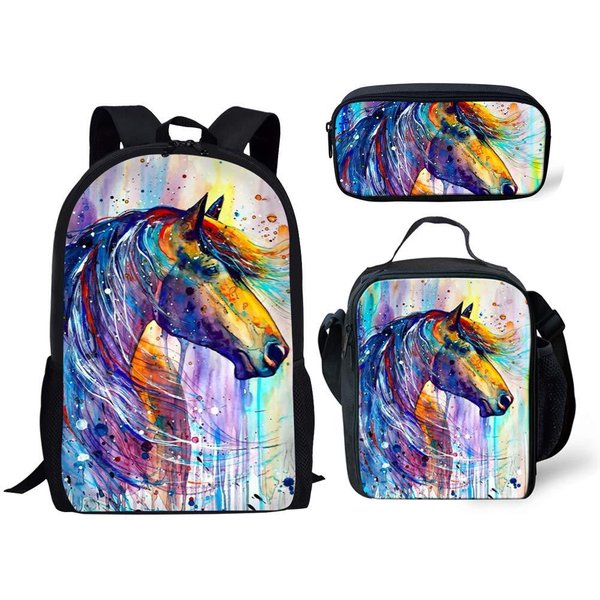 CláSico Popular Novedad Colorido Caballo ImpresióN 3D 3Uds/Set Alumno Mochilas Escolares PortáTil Mochila De DíA Mochila Bolsa De Almuerzo Estuche-image