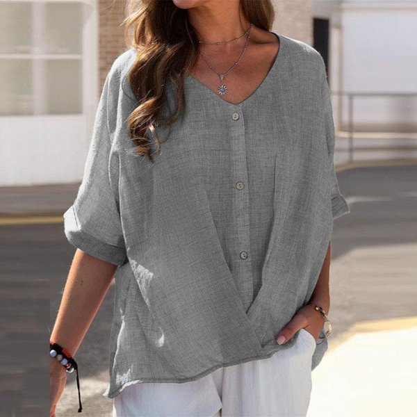 Blusas Y Camisas De Manga Corta Con Cuello En V Y Estampado De Color SóLido Informal A La Moda Para Mujer M Gray-image
