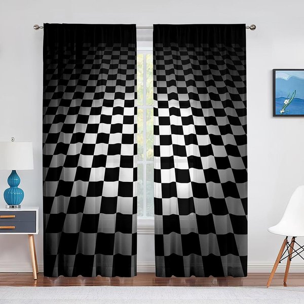 Cortina Voile Transparente A Cuadros Blancos Y Negros Para Decoraciones De Sala De Estar, Dormitorio, Cocina, Bandera De Coche De Carreras, Cortinas De Tul Para Ventana W65X60H(Cm)X2Pcs&Hook-image