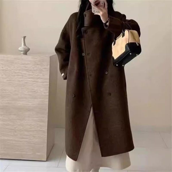 Abrigo De Cachemira De Doble Cara De OtoñO E Invierno Largo Medio Cuello Alto VersáTil Abrigo De Lana Estilo Hepburn Para Mujer M Black-image