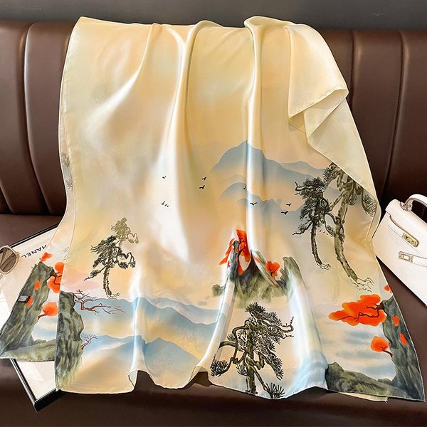 Bufanda De Seda De Lujo Para Mujer Estampado De Moda Chal Grande Wraps Cinta Para La Cabeza De SatéN Hiyab Turbante Foulard Estolas De Playa De Verano PañUelo One Size Orange-image