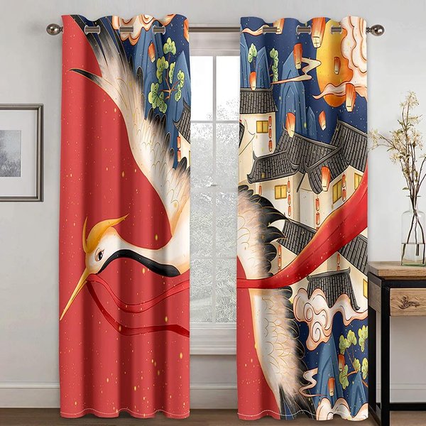 Cortina De Alta ProteccióN De Luz Estilo JaponéS Animal Bestia DragóN Tigre Grulla Ola Dormitorio Sala De Estar Estudio Ventana Cortina Opaca 2 Piezas W55 X H120Cm X 2&Grommet Top-image