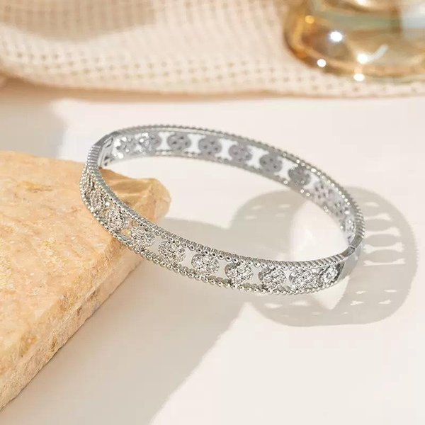 2026 Bransoletka Z Czterolistną Koniczyną Damska Pusta Konstrukcja Luksusowa Bransoletka Kwiatowa PełNa DiamentóW Bransoletka Kalejdoskop Wszechstronna BiżUteria 18CM White-image