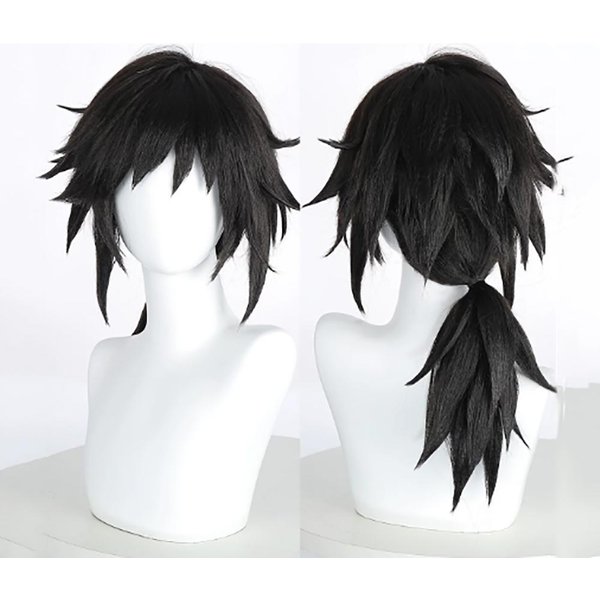 Hairjoy Peruka Z Syntetycznych WłOsóW Tomioka Giyuu Peruka Cosplay KróTkie Czarne Peruki Siatka RóżAna 16Inches Czarny-image