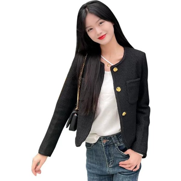 Kurtka W Stylu Xiaoxiang Dla Kobiet W Stylu KoreańSkim Na Wiosnę I Jesień Wysokiej Klasy KróTki Top Dla Kobiet I OsóB O Niskim WzrośCie XS Black-image