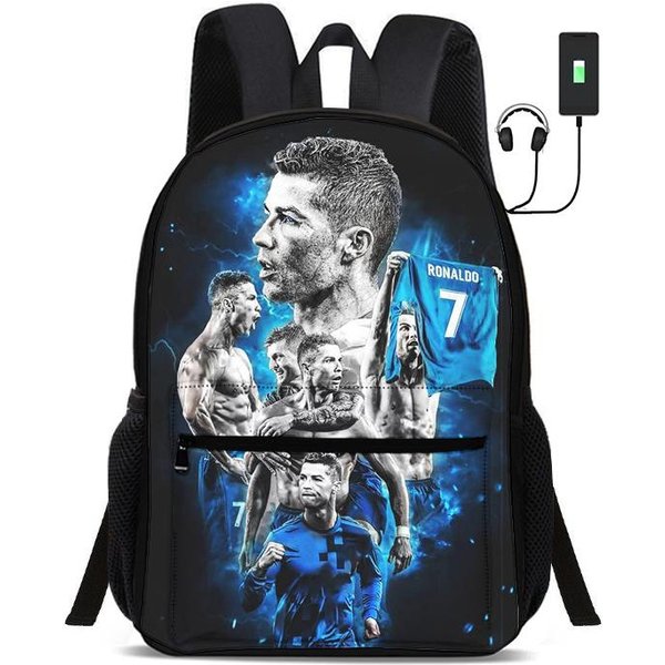 Ronaldo NiñO Bolsas Escolares CR Estrella De FúTbol Mochila Con Interfaz USB Bolsa Para Estudiante Rucksack FúTbol Deporte Mochila Escolar Regalo Para NiñOs-image