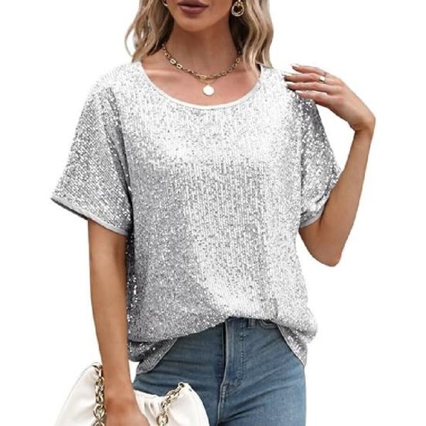 Tops De Mujer Cuello Redondo Manga Corta Camiseta Holgada Lentejuelas Brillantes Camisa Casual Tops VersáTiles De Verano S Plata-image