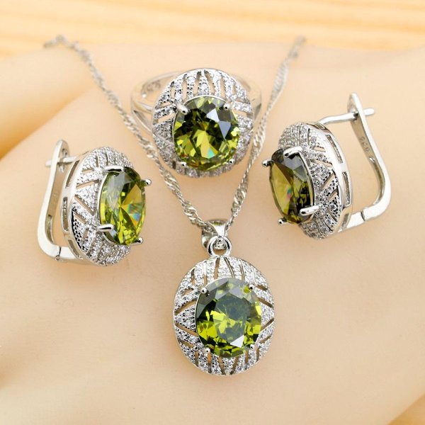 Juegos De JoyeríA De Zirconia Verde Oliva De Lujo Para Mujeres Pendientes De Boda Collar Anillo Pulsera Regalo De Boda 9 Gray-image