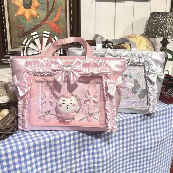 Nuevo Bolso De Hombro Dulce Y2K Ita Para Chica Lolita Bolso Tote Transparente Para Mujer Gran Capacidad Bolso Cruzado De Encaje Lindo Bolso De Mano Con Pantalla DIY 35X28X10Cm Gray-image