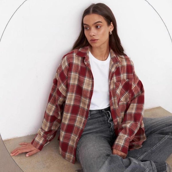 Camisa De Mujer A Cuadros Con Botones Y Cuello Manga Larga Casual Corte Oversize Blusa XL Rojo-image