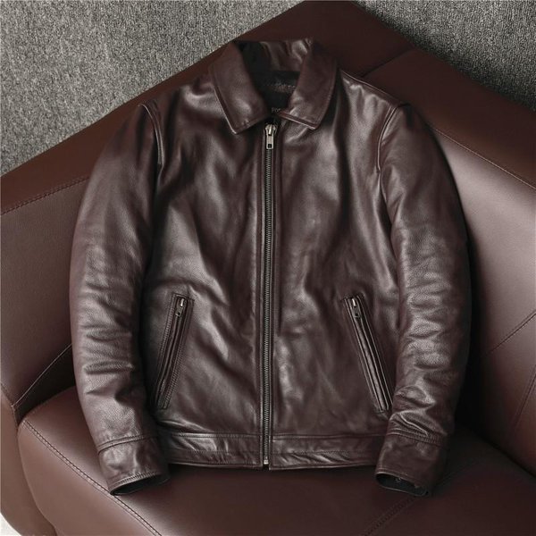 Chaqueta De Piel De Vaca De Primera Capa Para Hombre, Chaqueta De Cuero Informal De Negocios De Mediana Edad Con Solapa M Gray-image