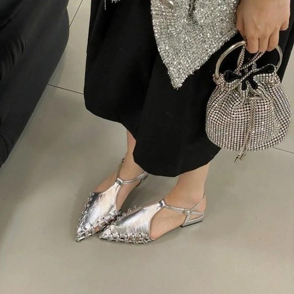 Buty Damskie Zakryte Palce SandałY Damskie Moda SandałY Sukienkowe Damskie Niski Obcas Pasek Z Klamrą Szpiczasty Nosek AżUrowe Buty Damskie 39-image