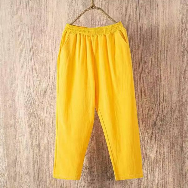 Damskie Letnie LuźNe Haremki W Pasie BawełNiane Lniane Spodnie DziewiąTe Spodnie XXL Yellow-image
