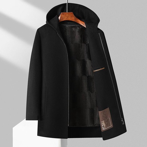 Abrigo De Lana 100% OtoñO E Invierno Con Capucha De Lana De Doble Cara Largo Medio Forro De Terciopelo Dorado Abrigo Denim Cortavientos Abrigo Denim Para Hombre 3XL Black-image