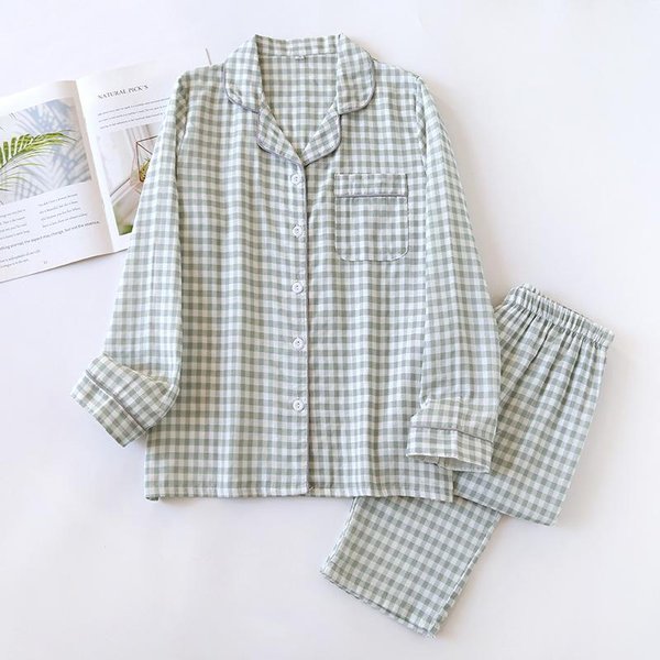 Conjunto De Pijamas Para Pareja De Primavera Y Verano 100% AlgodóN Gasa De Doble Capa Para Hombre Y Mujer Traje De Cuadros Japoneses Manga Larga M White-image