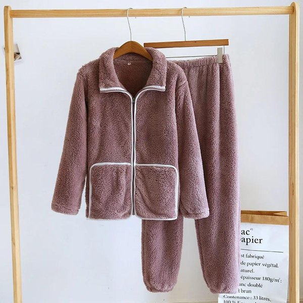 Conjunto De Pijama Nuevo De Invierno Para Pareja Cremallera De Franela Pantalones De Manga Larga Dos Piezas Felpa De Coral Espesada Piel Para El Hogar De Hombres Y Mujeres XL-image