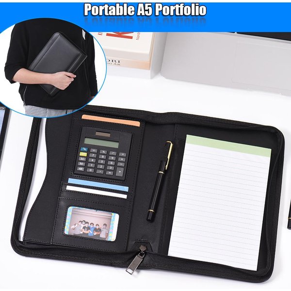 Carpeta De Cartera De Negocios Con Cremallera De PU A5, Organizador Y Calculadora De Estuche Para Documentos-image
