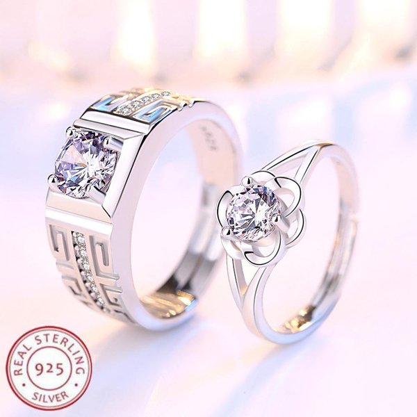 2 Anillos De Pareja 925 Plata Circonita AAA Para Mujeres Y Hombres Dulce Boda JoyeríA Fina Accesorios Regalo De Fiesta Resizable White-image