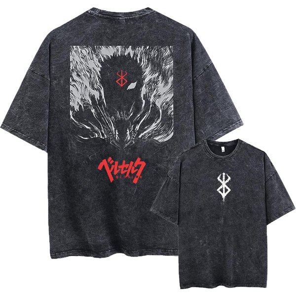 Anime Berserk Guts Camiseta Retro Vintage Lavada Camisetas GráFicas Hombre Harajuku AlgodóN Casual Manga Corta Camiseta Tops Unisex Hombre XL Gray-image