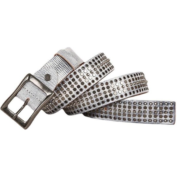 Hebilla De CinturóN De Cuero Genuino Estilo Vaquero De 3,4 Cm Remache MetáLico Vintage Cinturones Punk Para Hombres Cruz Rock CinturóN De Jeans Ceinture Homme Bronce 110Cm Gray-image