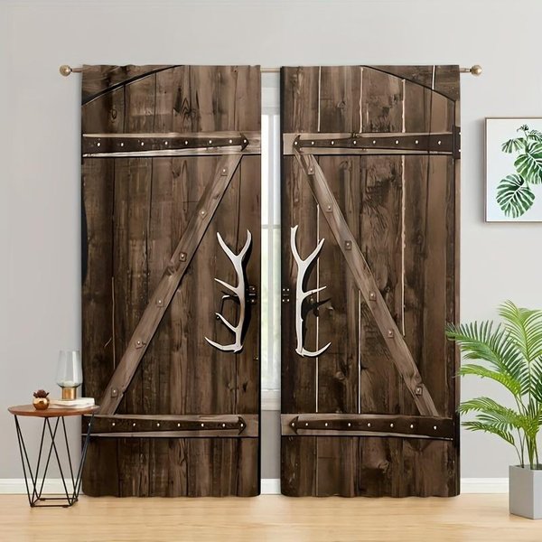 2 Piezas Puerta De Madera Shabby Retro DecoracióN Cortinas Cortinas Impresas Digitalmente En 3D Para Sala De Estar Oficina DecoracióN Del Hogar Nueva Moda W60Xh100(Cm)X2Pcs&Hook Gray-image