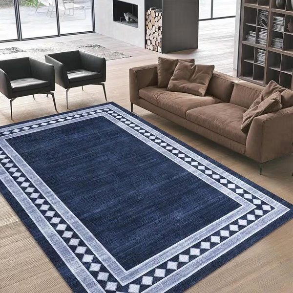 Granatowy Dywanik Nowoczesny Geometryczny WzóR Z Obramowaniem Dywan Do Salonu Sypialni AntypośLizgowy Odporny Na Plamy SkłAdany Dywanik Akcentowy 60X90Cm-image
