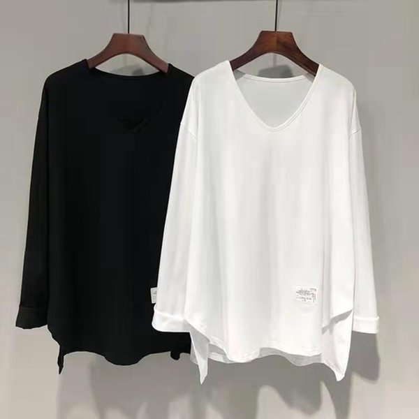 Camiseta Blanca Irregular De Manga Larga Para Primavera Y OtoñO De Mujer Talla Grande Holgada Largo Medio AlgodóN Puro Cuello En V Camiseta Base Ropa Interior M Blanco-image