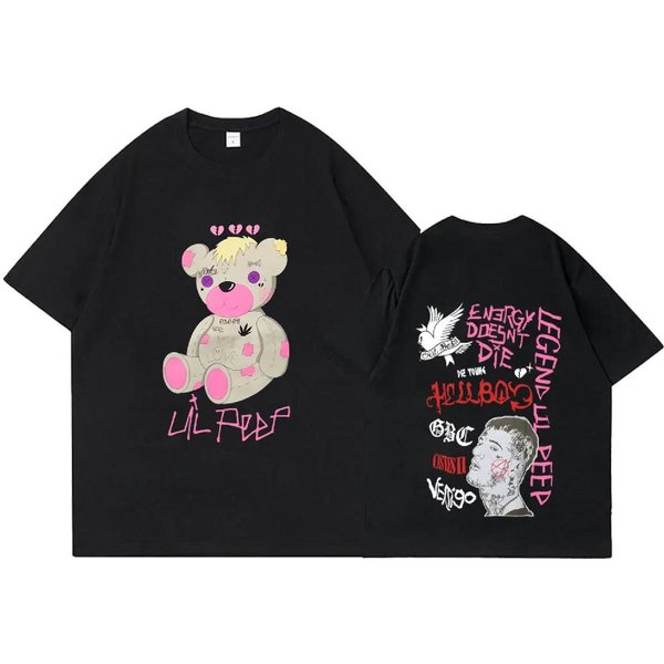 Raper Lil Peep Bear Crybaby Hellboy Koszulka MęSka Damska Moda Hip Hop KróTki RęKaw Koszulka BawełNiana Oversize Koszulka Dla FanóW Prezent L Czarny-image