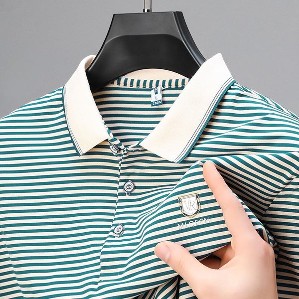 Camiseta De AlgodóN De Manga Corta Para Hombre Verano Rayas Holgada Manga Media Camiseta Polo De Negocios Hombre Moderno 4XL White-image