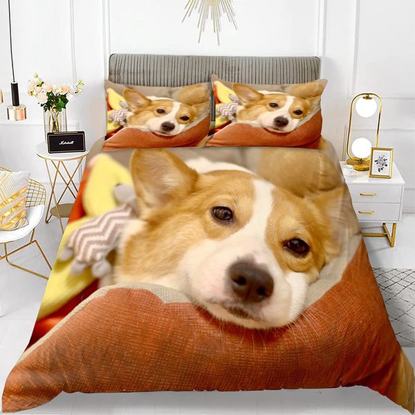 Komplet PośCieli Z Corgi Rozmiar King Queen Poliestrowa Poszewka Na KołDrę Dla Dzieci ChłOpcóW Dziewczynek Komplet PośCieli Z Poszewką Na Poduszkę EU Single(135X200Cm) Beige-image