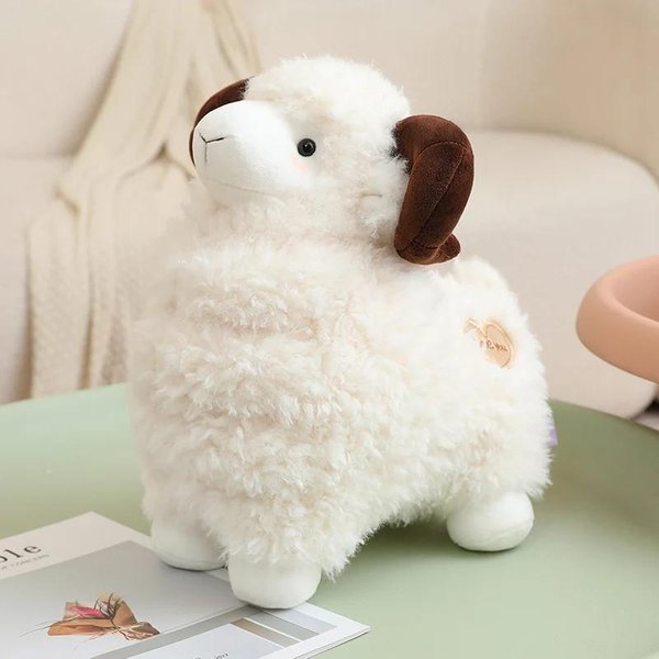 MięKka Puszysta Owca Pluszowa Urocza Kawaii Baran Pluszowa Lalka Puszysta BiałO-BrąZowa Zabawka Owca Poduszka Na Kanapę Sypialnię Dekoracja 35Cm-image