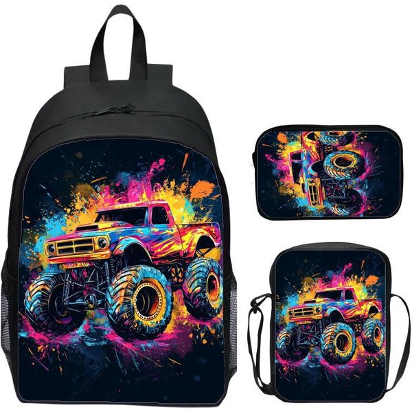 Set De Tres Piezas De 16 Pulgadas Mochila Infantil CamióN Monstruo Mochila Para Escuela Primaria Bolso De Hombro Estuche-image