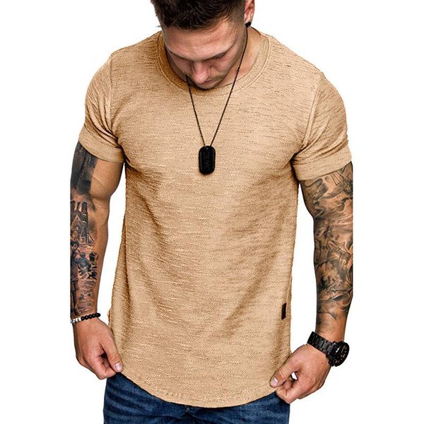Camiseta De Verano Para Hombre De Color SóLido Con Cuello Redondo, Moda Casual, Manga Corta L Caqui-image