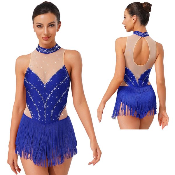 Leotardo De Gimnasia RíTmica Patinaje ArtíStico Ballet Disfraz Flecos Borla Cintura Brillante Body Baile Tango Chacha M Azul Royal-image
