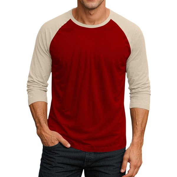 Camiseta De Manga Tres Cuartos RagláN Con Cuello Redondo Y Color En Contraste Para Hombre L Rojo-image