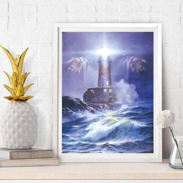 Malowanie Diamentami RęCe Jezusa I Latarnia Morska Cross Stitch Diamentowe Hafty Diamenty WystróJ Domu 20X30CM Gray-image