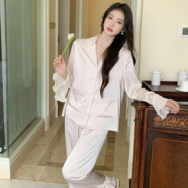 Pijama FrancéS De Seda Helada Para Mujer, Ropa De Casa, De Manga Larga, Fina Y Holgada, Para El Hogar XL Gray-image
