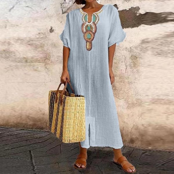 Vestido De Verano Largo De AlgodóN Y Lino Para Mujer Casual Holgado Playa Vacaciones Bohemio Liso Vestido Ropa Femenina Xxxl Azul-image