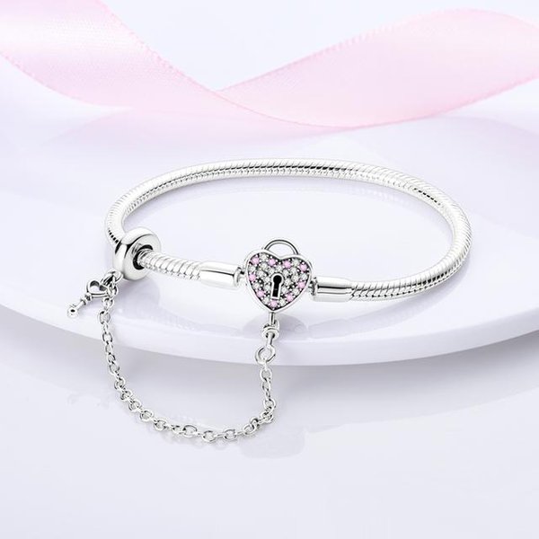 Pulsera De Plata De Ley 925 Para Mujer, Pulsera Con Cadena De Serpiente Y CorazóN, Cuentas Con Dijes De Temperamento, Regalo De JoyeríA 17Cm Gray-image