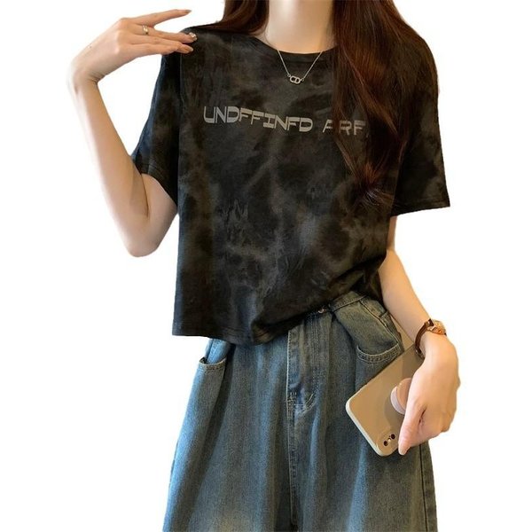 Camiseta Corta De Manga Corta Con Estampado De Letras Tie-Dye Retro Americana Holgada Para Mujer DiseñO De Verano Top Corto Estudiante 2XL-image