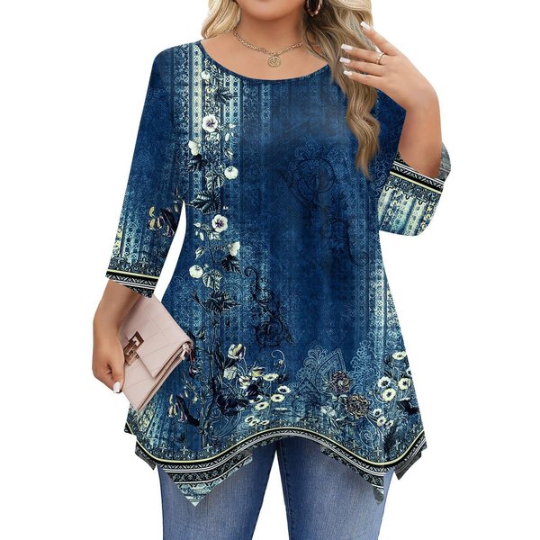 Damskie Koszulki Z RęKawem 3/4 W DużYch Rozmiarach Bluzki Tuniki Z OkrąGłYm Dekoltem Podstawowe LuźNe Topy Tee L-5XL Xxxl-image