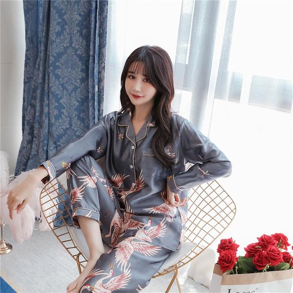 Conjunto De Pijama De Seda Para Mujer Pijama De Seda Pijama De Mujer Ropa De Estar Por Casa De Primavera Conjuntos De Ropa De Estar Por Casa De SatéN De OtoñO Tallas Grandes 4XL Gray-image