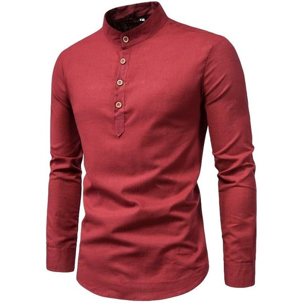 Camisa De Hombre De Color SóLido Con Cuello Mao Y Manga Larga, Corte Slim Fit Casual Y A La Moda De AlgodóN Manga Larga Henry 4XL Rojo-image