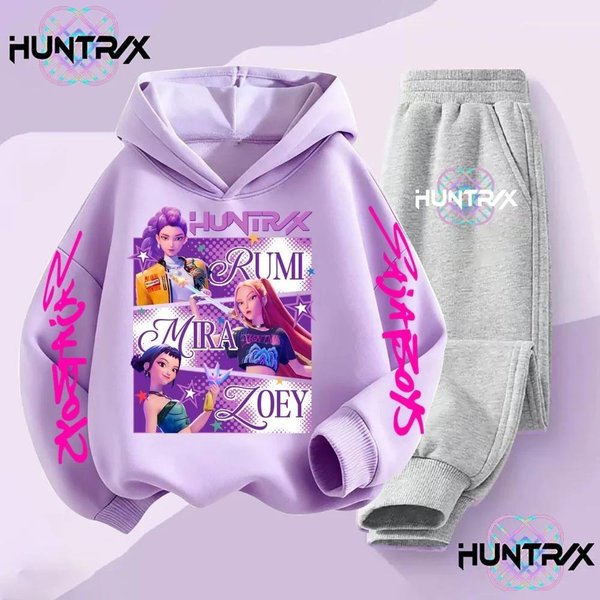 Komplety Bluz Z Kapturem Dla Dzieci Kpop ŁOwcy DemonóW Saja ChłOpcy Bluzy Z Kapturem Dziewczynki ChłOpcy Bluzy Dresowe Anime Jesień Codzienne Ubrania Dla Dzieci 120 Gray-image