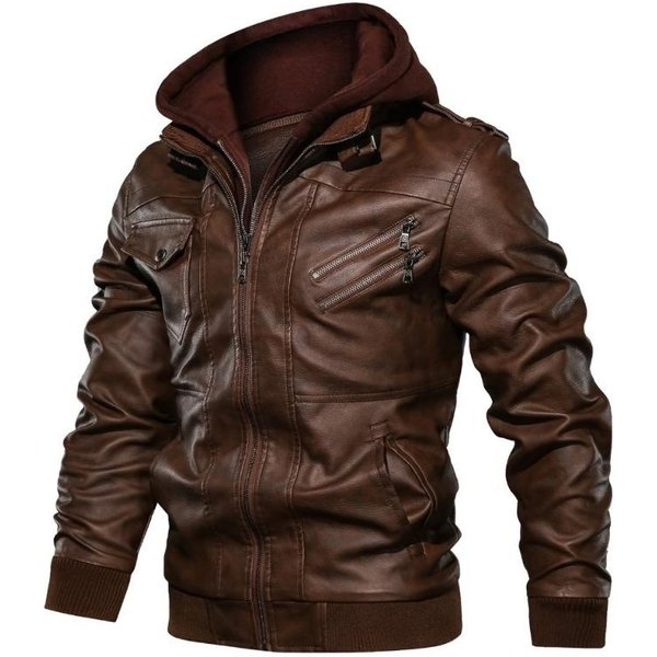 Kaptur SkóRzana Kurtka Streetwear PłAszcz Biker Slim Fit Jesień Zima PłAszcz MęSki Futro Podszewka MęSka Kurtka Motocyklowa Moda MęSka Kurtka L-image