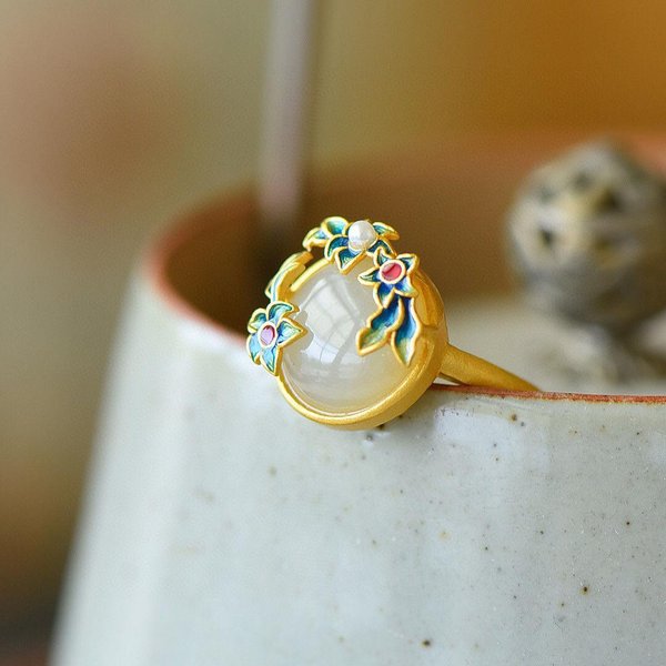 Anillo Ajustable Con Apertura De Jade Hetiano Natural Con Incrustaciones De Flor De Magnolia De Porcelana Esmaltada, JoyeríA Para Mujer, Hecho A Mano úNico-image