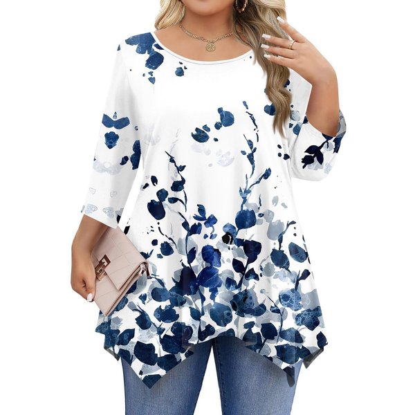 Damskie Koszulki Z RęKawem 3/4 W DużYch Rozmiarach Bluzki Tuniki Z OkrąGłYm Dekoltem Podstawowe LuźNe Topy Tee L-5XL L Niebieski-image