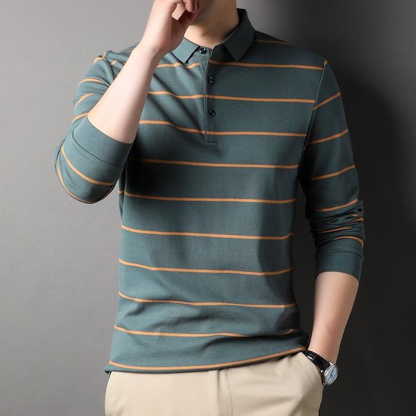 Polo De Rayas Para Hombre Camiseta Casual Camiseta De Calidad Respetuosa Con La Piel Camisa De Manga Larga AlgodóN Para Hombre Suelta Moderna Ropa De Hombre Xxxl Gray-image