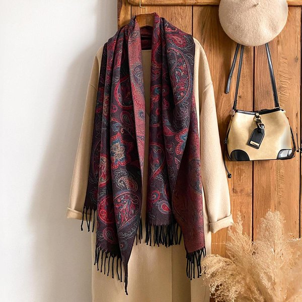 Bufanda De Cachemira CáLida De Invierno A La Moda - Pashmina Estampada Con Pintura Al ÓLeo Floral Vintage Y Borlas Para Mujer, Chal Y Poncho Grueso Black-image
